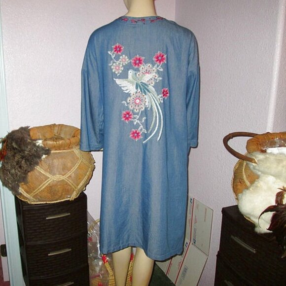 Banjara EMBROIDERED Chambray Size M KIMONO Duster POCKETS Longline WRAP Cardigan - Picture 1 of 11